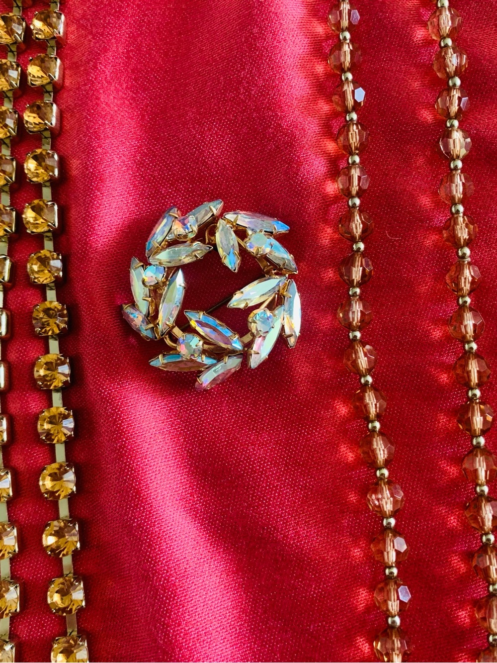 Vintage Style Brooch and Pink  and Gold Beads